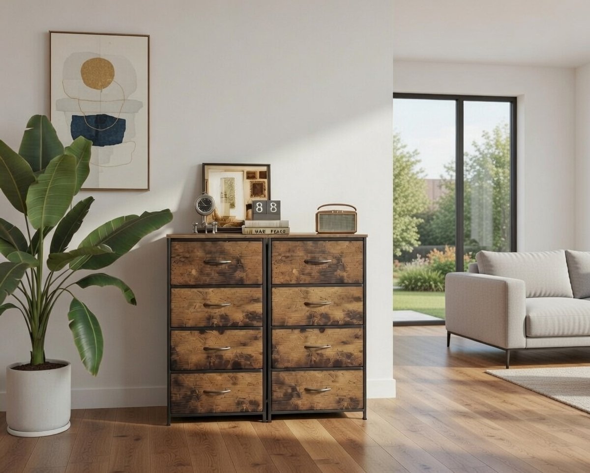 RetroLine 4-Lades Ladekast Vintage Houtlook 80 cm - Compacte Stoffen Ladekast met Stalen Frame voor Slaapkamer & Woonkamer Casa Serena