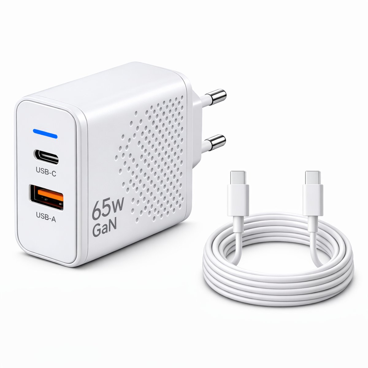 Gmedia USB-C Oplader 65W - inclusief 1 meter USB-C naar USB-C 60W – 2-Poorts Snellader met USB-C PD & USB-A QC 3.0 – Krachtige Universele Adapter voor Telefoon, Tablet & Laptop - Wit