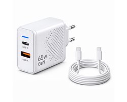 Gmedia USB-C Oplader 65W - inclusief 1 meter USB-C naar USB-C 60W – 2-Poorts Snellader met USB-C PD & USB-A QC 3.0 – Krachtige Universele Adapter voor Telefoon, Tablet & Laptop - Wit