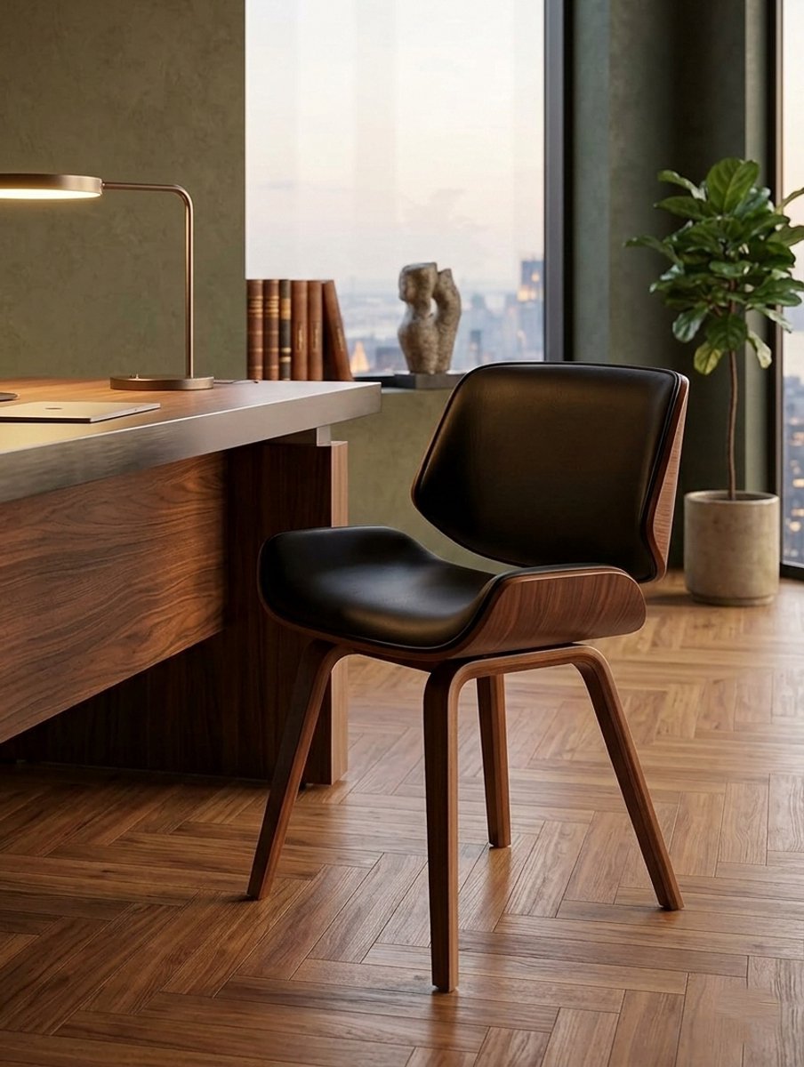 Beverly Luxe Eetkamerstoel Kunstleer - Comfortabele Gestoffeerde Stoel van Hout met Rugleuning - Retro Design Keukenstoel, Wachtkamerstoel & Bezoekersstoel - Walnoot/Zwart - Casa Serena – Afmetinge...