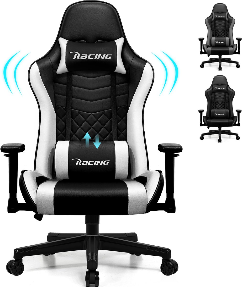 Fukstern Gaming Stoel-Ergonomische gamestoel-170°Verstelbare Rugleunin gaming chair-Inklapbare voetsteun-Max. Draagvermogen 150 kg – Wit