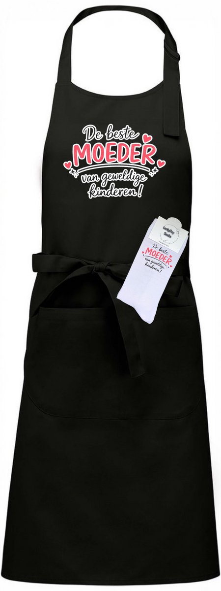 Keukenschort en sokken met tekst - Giftset - Beste moeder van geweldige kinderen - Moederdag - Vaderdag - Zwart - Verstelbaar - Cadeau idee - Verjaardag - Cadeau dames en heren - Liefste Opa en Oma cadeau - Verrassing - Grappig cadeau - Onesize
