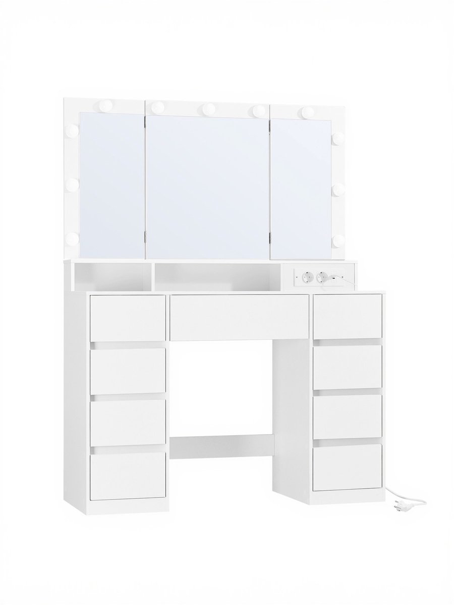 Kaptafel – Met LED-verlichting en 3-delige spiegel – 9 lades – Wolkenwit – 40 x 107 x 144 cm
