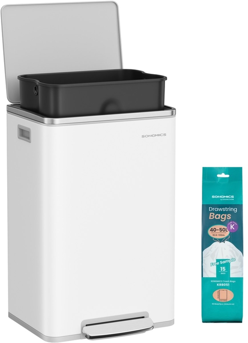 Afvalbak – 50 liter – Staal met uitneembare binnenemmer – Wolkenwit – Soft close – Afmetingen 41,6 x 37,2 x 64,7 cm