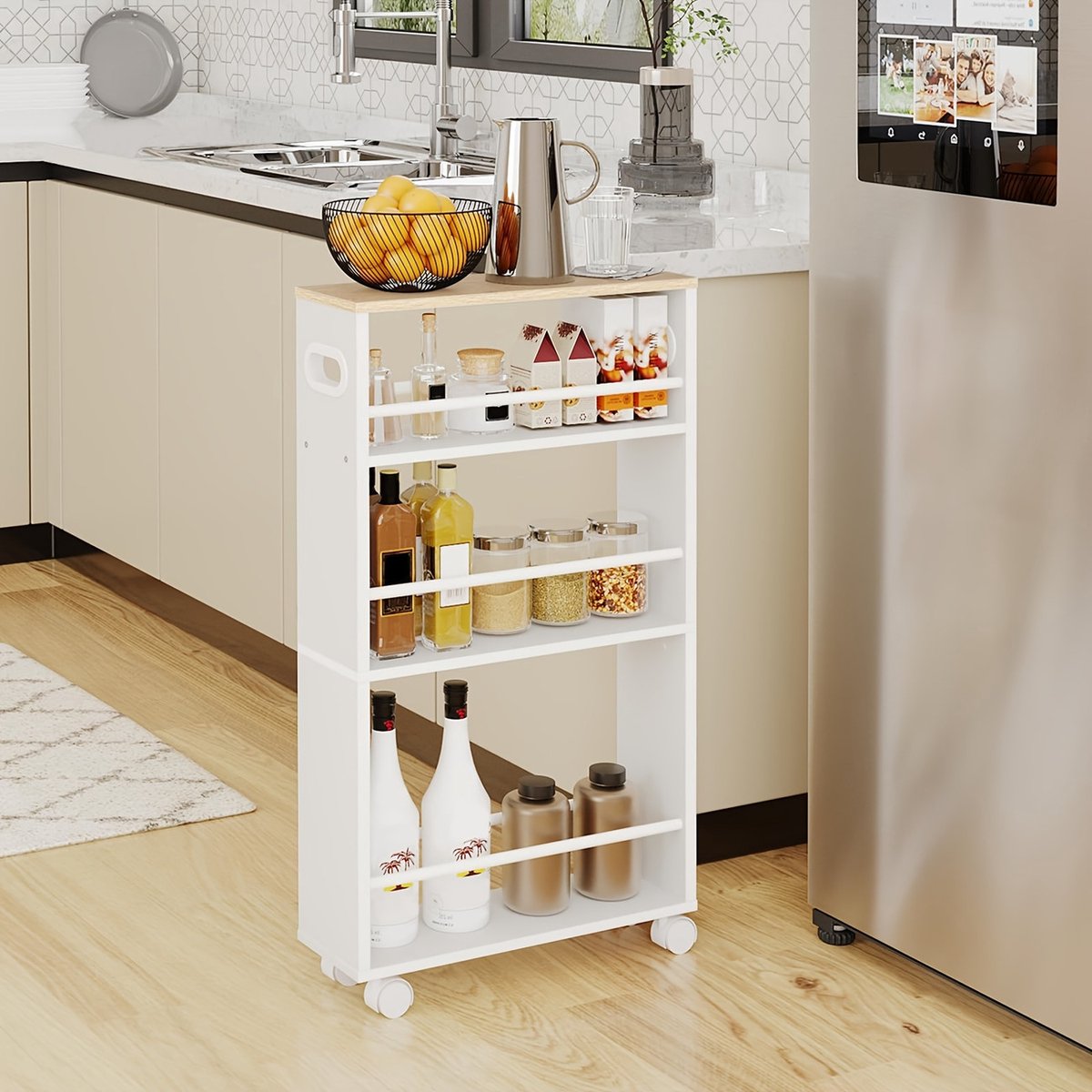 Multifunctioneel 4-Laags Opbergrek – Gelaagde Vloerplank – Houten Design met Gouden Accenten – Vrijstaand & Ruimtebesparend – Geschikt voor Keuken, Badkamer & Woonkamer
