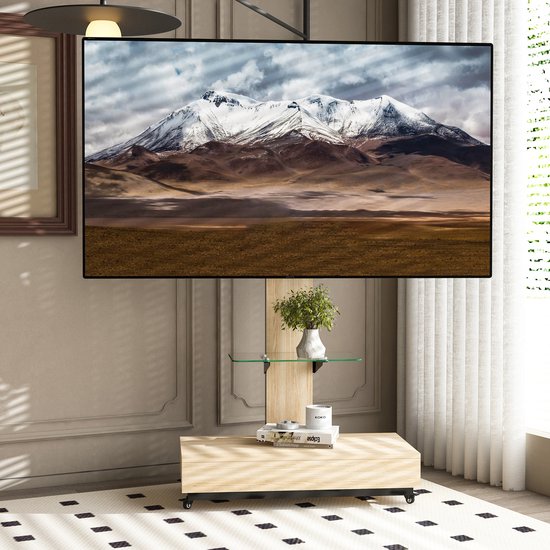 MODFU - Support TV Roulant - Met Lade Et Plateau En Verre Réglable - Hauteur Réglable Et Inclinable - Moderne - MDF Et Métal - Naturel