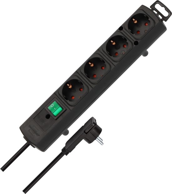 Brennenstuhl Comfort-Line Plus stekkerdoos 4-voudig (met platte stekker, schakelaar, 2 m kabel en extra brede afstand van de stopcontacten) kleur: zwart