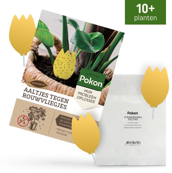 Pokon aaltjes en vangplaten tegen rouwvliegjes. Verpakking, plant en product.