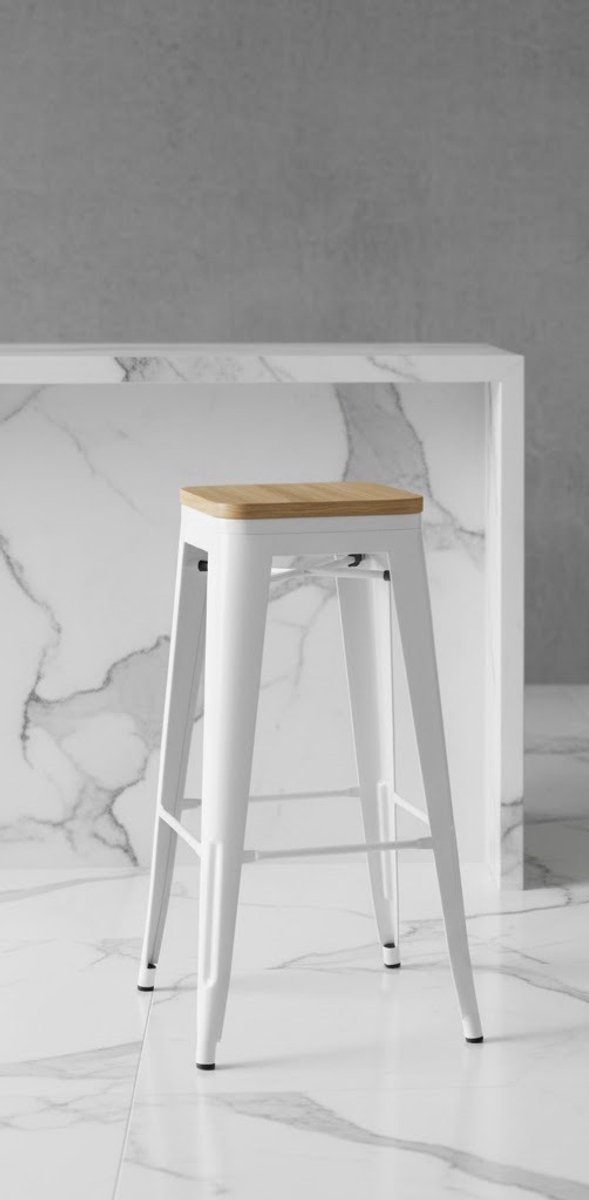 Industriële Barstoelen Set van 4 – Stijlvolle Wit Houten Zitting & Metaal Frame – Stapelbare Counter Stoelen met Voetsteun – 76 cm Hoogte – Perfect voor Keuken, Bar of Bistro Casa Serena – 76 cm – ...