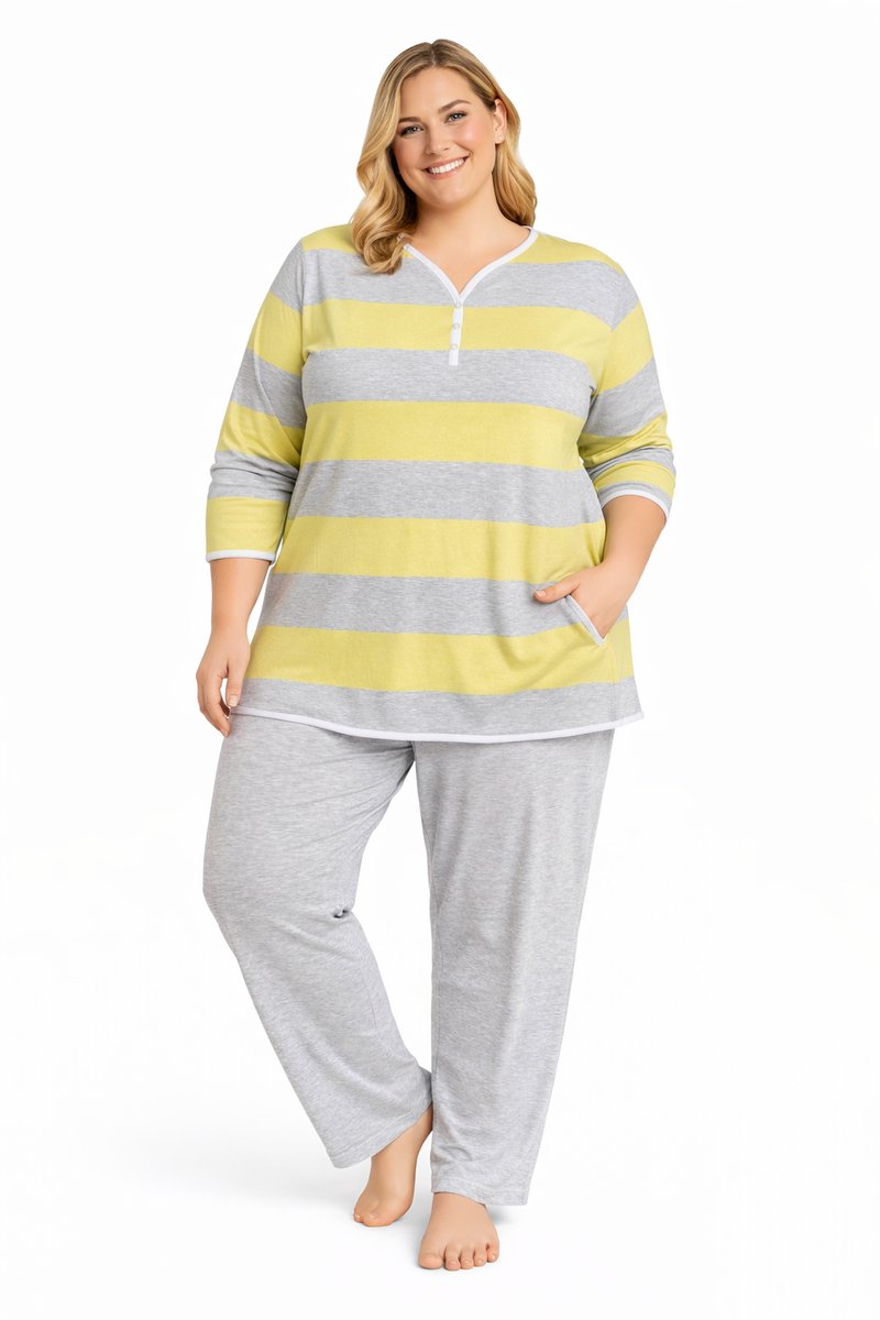 Dames pyjama 100% katoen Normann Geel/Grijs - maat 3XL (56/58)