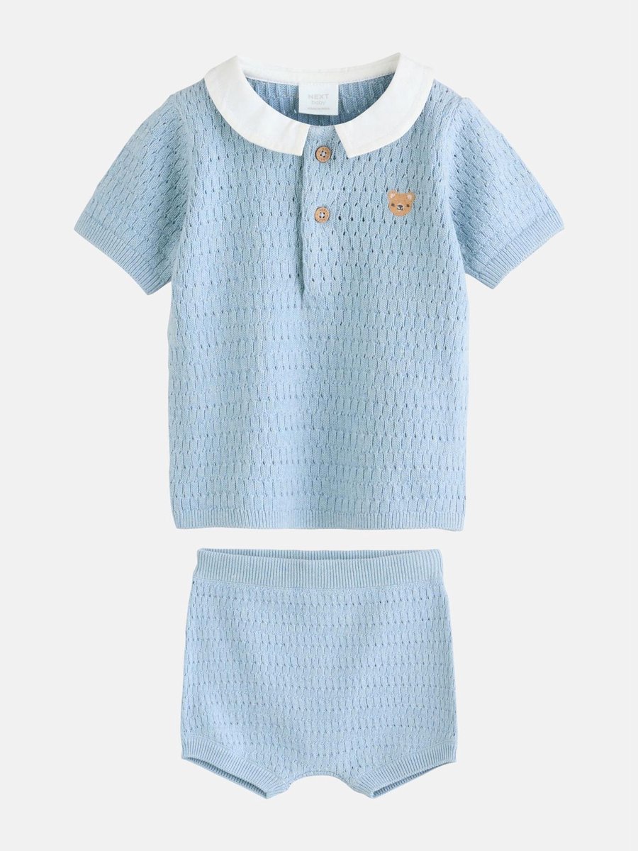 Next - Jongens - Set voor baby's met gebreide top met kraag en korte broek - Blauw