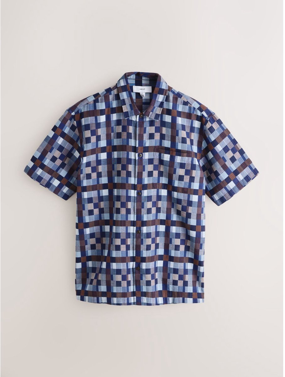 Next - Heren - Chambray overhemd met korte mouwen en getextueerd patchwork - Blauw
