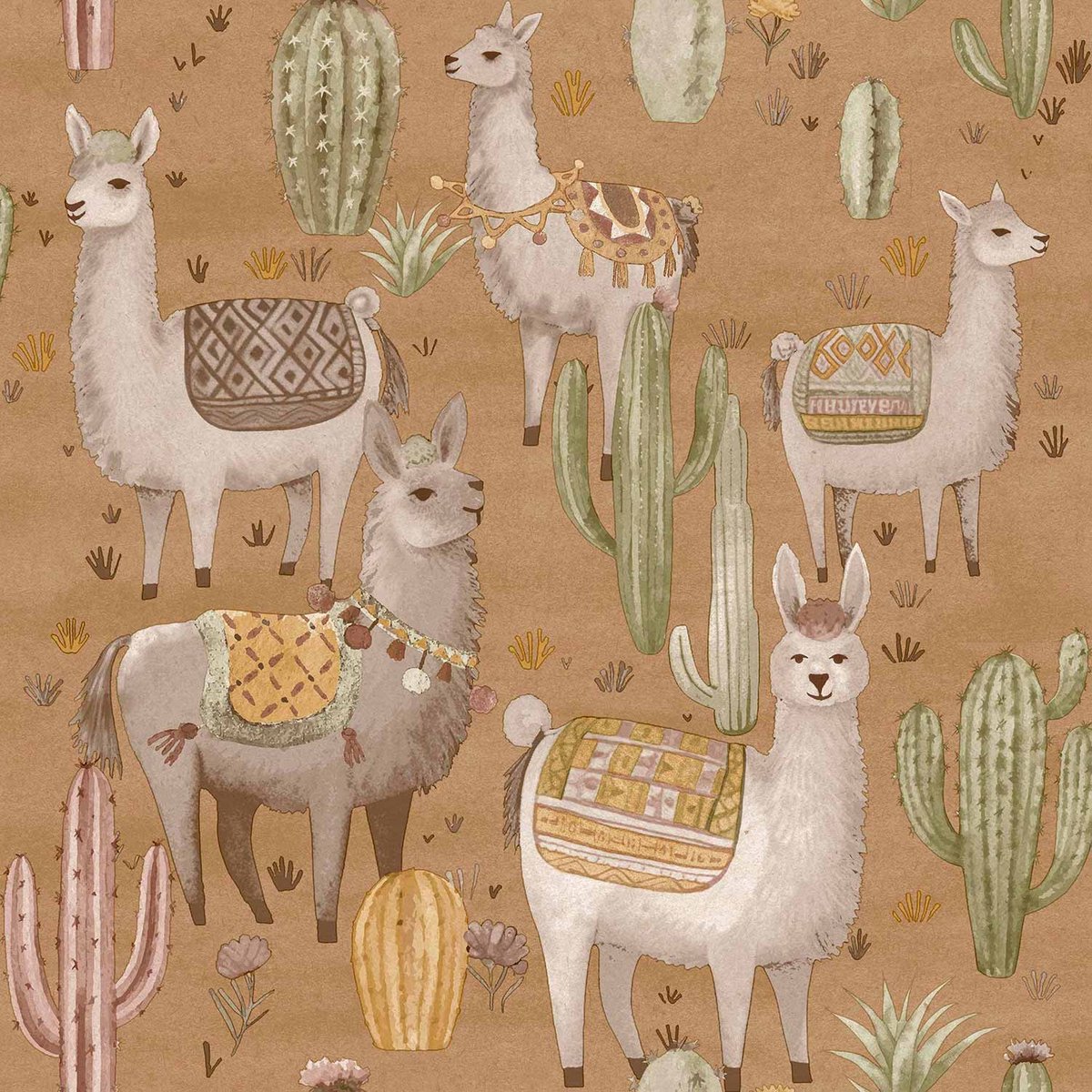 Behang - Kinderkamer – Alpaca – Cactus - Oranje - Bruin - Grijs - Babykamer - Kinderbehang - 0,53 x 10,05 M
