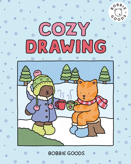 Boek met titel 'Cozy Drawing'. Een bruine beer en een oranje kat zitten in de sneeuw met warme dranken.