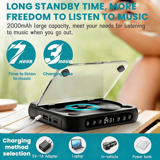 CD Speler - Draagbare Bluetooth - cd-speler - Ondersteunt MP3/WMA - met USB-C- snelladen - Ultradun en compact - formaten - Geschikt voor zowel reizen als thuisgebruik - Zwart — afbeelding 2