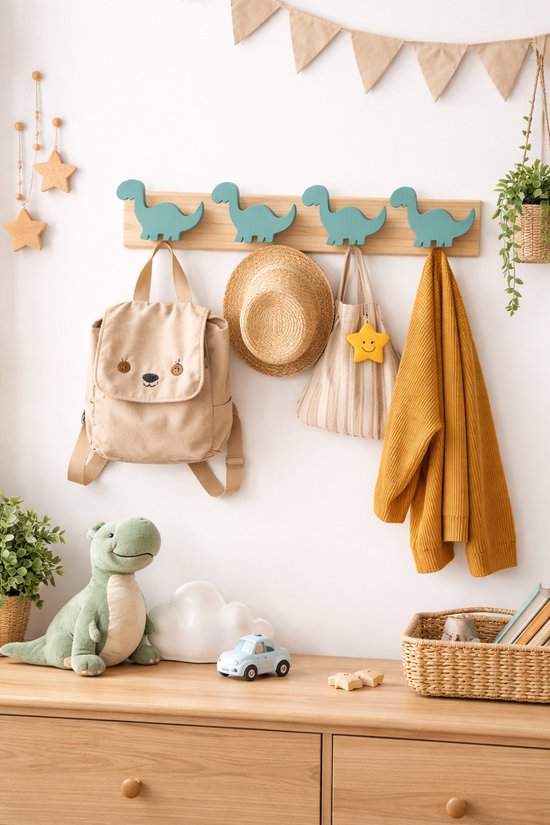 Vavida Wandhaakjes - Hout - Kinderkamer - 4 Stuks - Dinosaurus - 40 cm - Dino — afbeelding 3