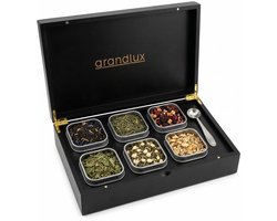 Grandlux Theedoos 6 vaks – Theedoos voor Losse Thee – RVS Lepel – 100% FSC Bamboe – 6 Theeblikken – Thee Organiser – Theebox – Zwart