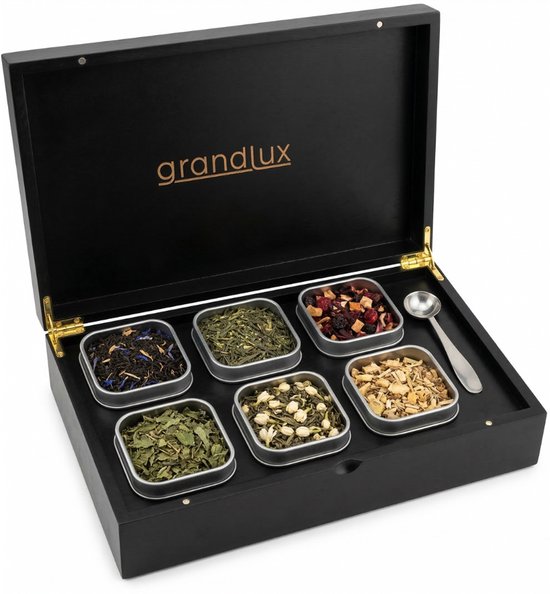 Grandlux Theedoos 6 vaks – Theedoos Losse Thee – RVS Lepel – 100% FSC Bamboe – 6 Theeblikken – Thee Organiser – Theebox – Zwart