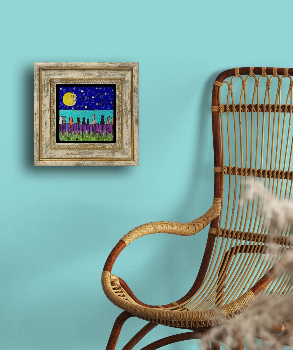 Artlijn Katten onder de Maan – Natuursteen Wanddecoratie – Travertin Steen Art Print – Nacht Katten Illustratie