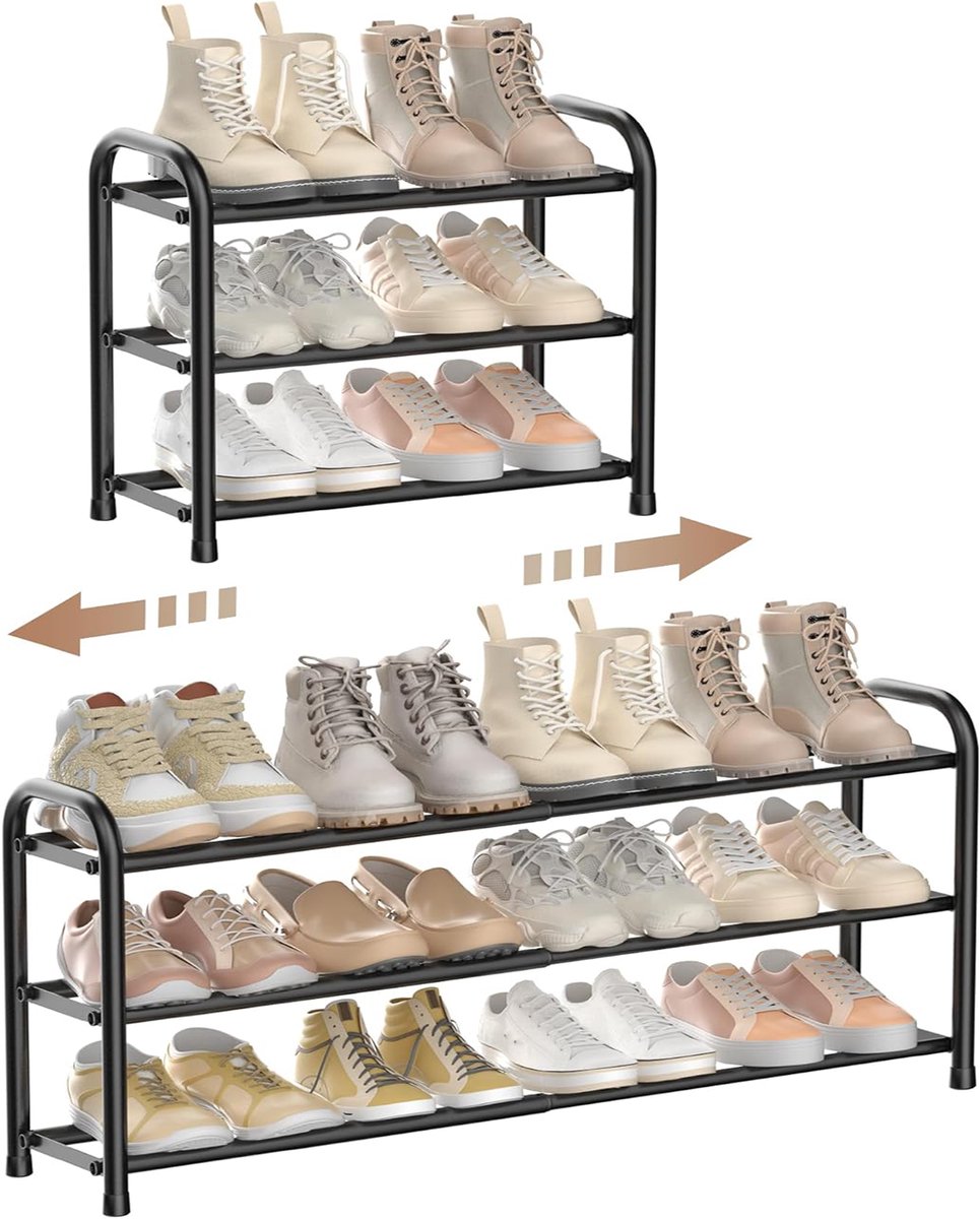 Fokelyi Schoenenrek-3 Lagen-Schoenenkast-Uitschuifbaar-49-80CM-Metaal -80x24x43cm-Zwart