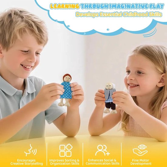 Jongen en meisje spelen met houten poppen. Zonder de tekst: "Leren door fantasierijk spel".