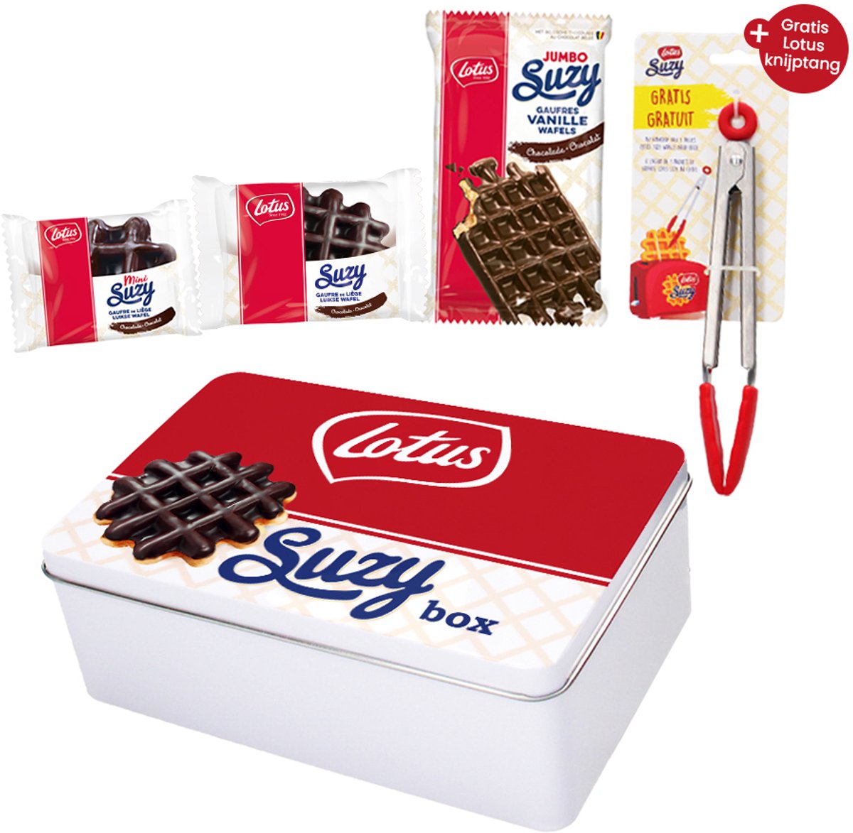 Lotus Chocolade Suzy snackbox - De ultieme collection box met Lotus knijptang - Lotus Suzy Mini, Jumbo en Luikse Wafel - 363g