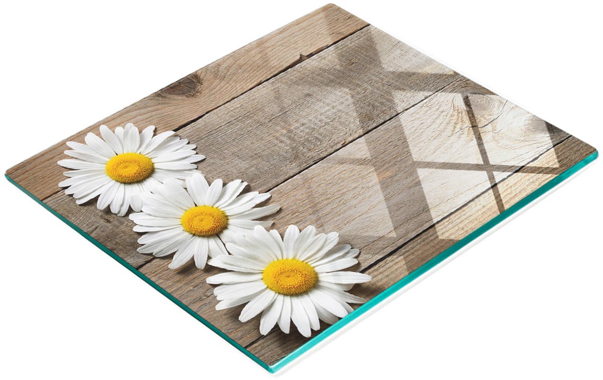 Glazen serveerplank met afbeelding, madeliefjeshout, 60x52 cm