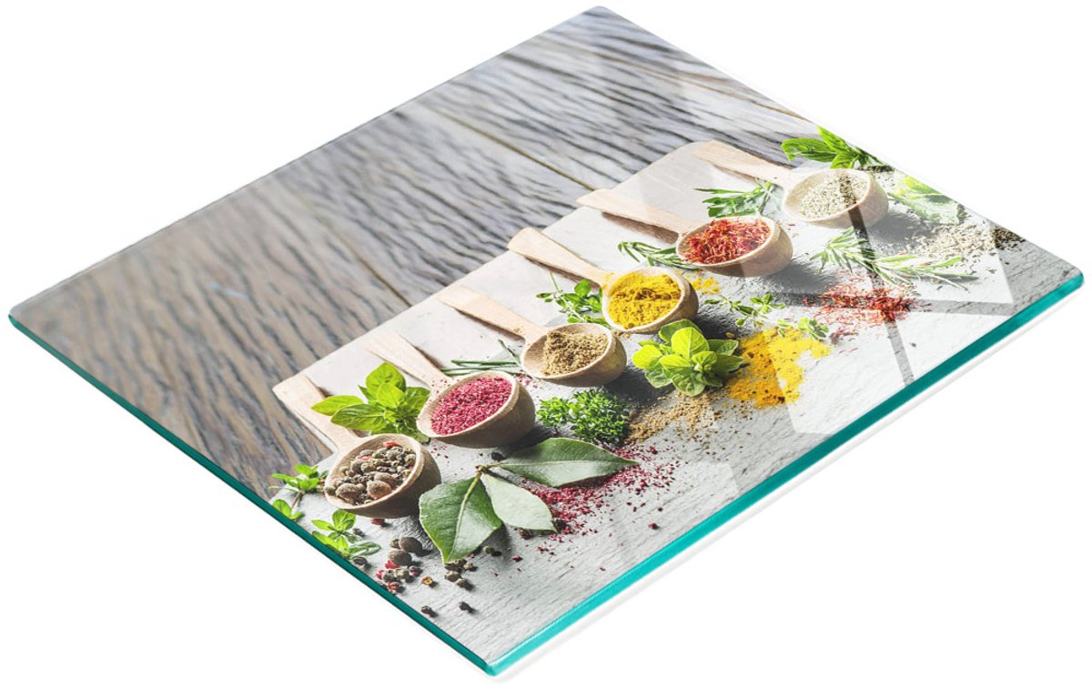 Decoratieve glazen snij- en serveerplank met kleurrijke kruiden, 60x52 cm