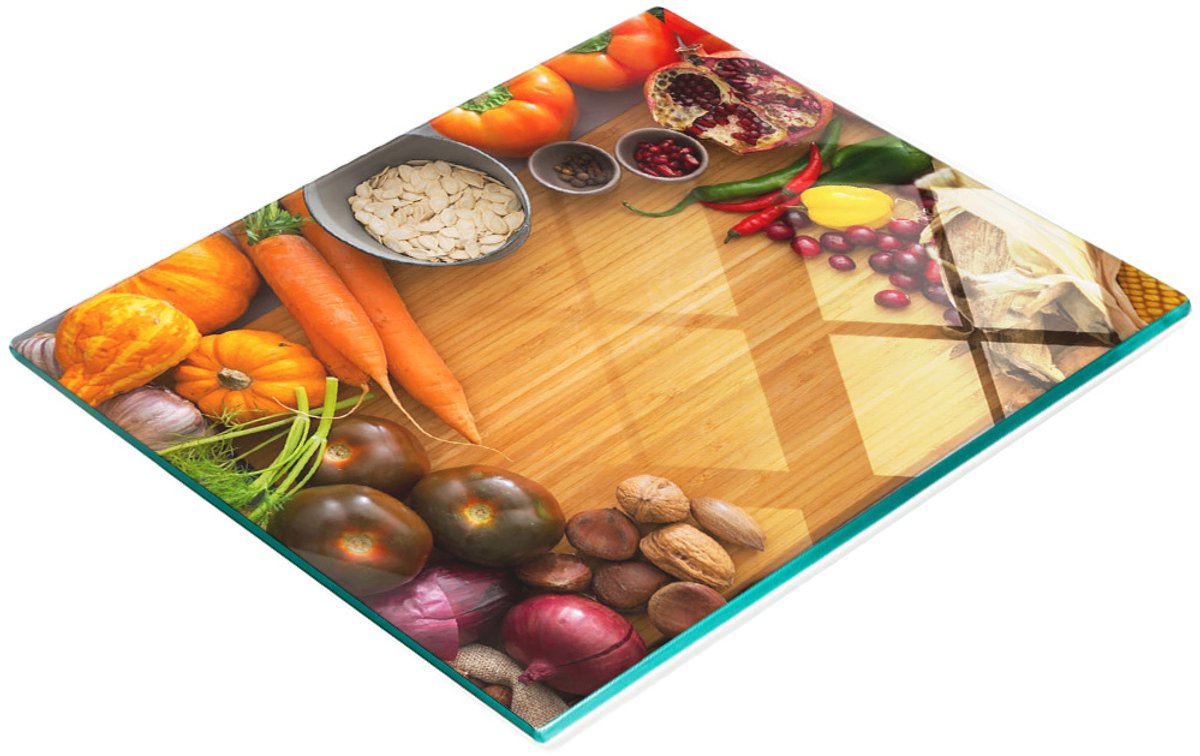 Decoratieve snijplank van gehard glas met herfstgroentenmotief, 60x52 cm