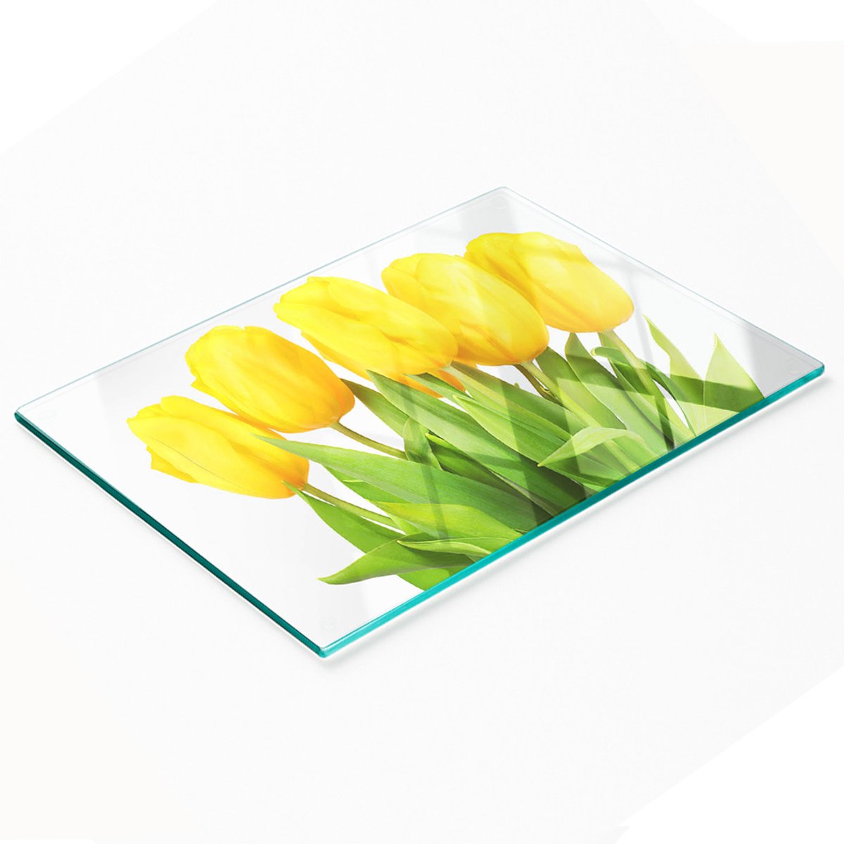 Multifunctionele decoratieve glazen snijplank voor de keuken met gele tulpen, 80x52 cm