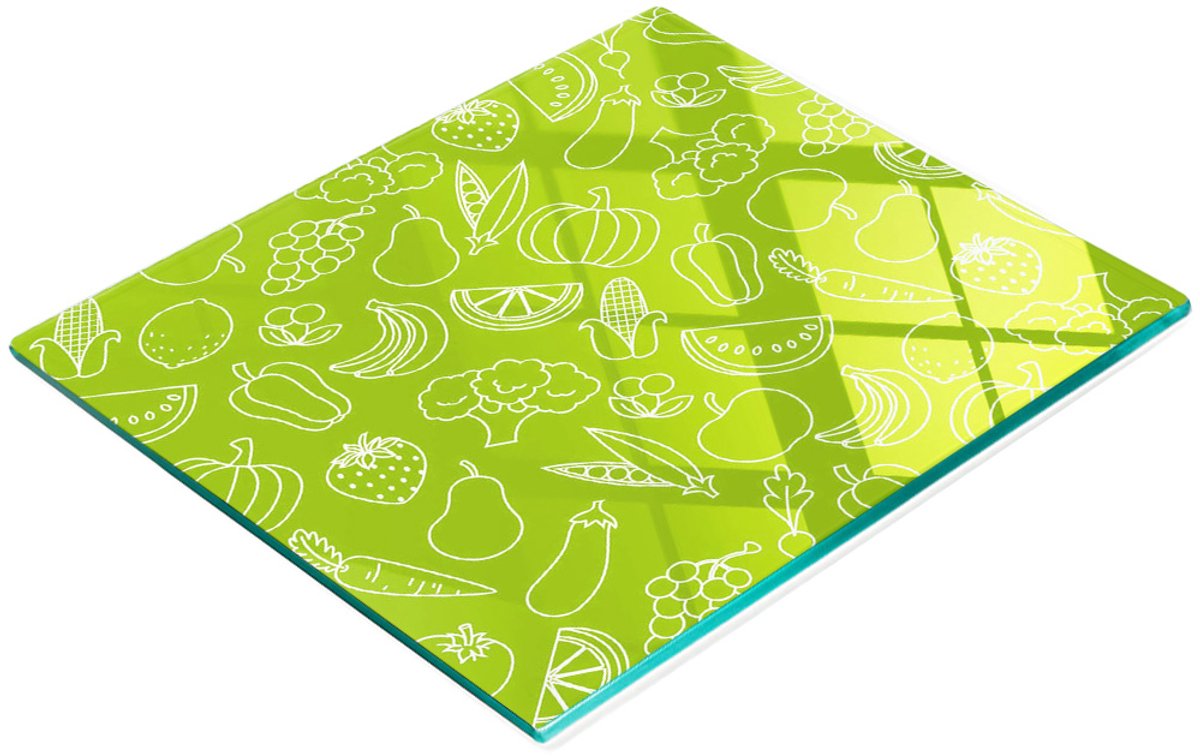 Glazen serveerplank met afbeeldingen van fruit en groenten, 60x52 cm