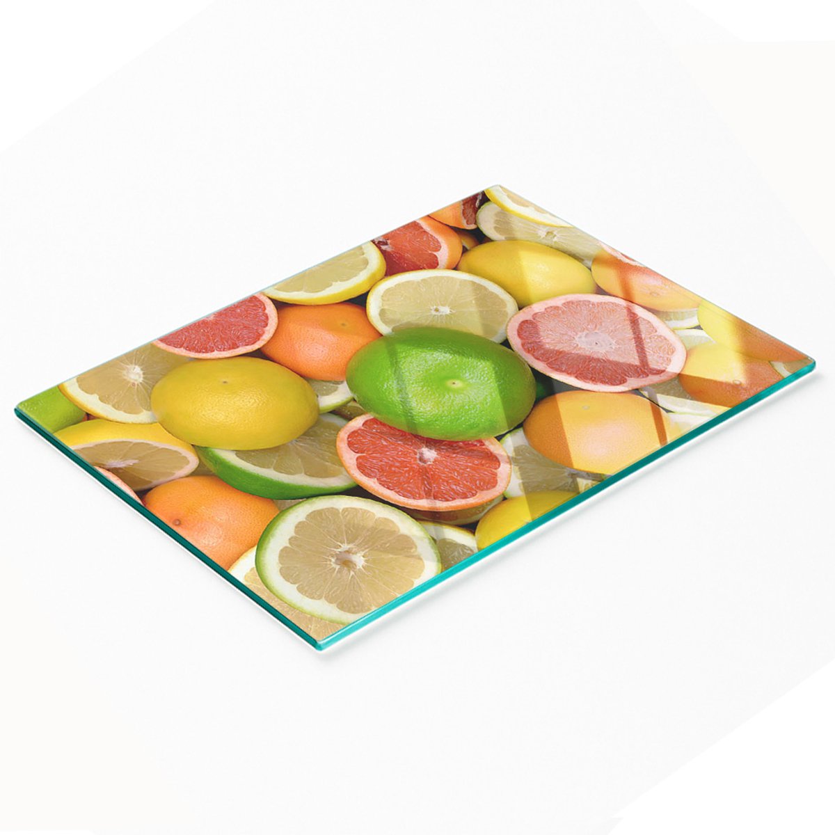 Duurzame en stijlvolle glazen snijplank met citrusmotief, 80x52 cm
