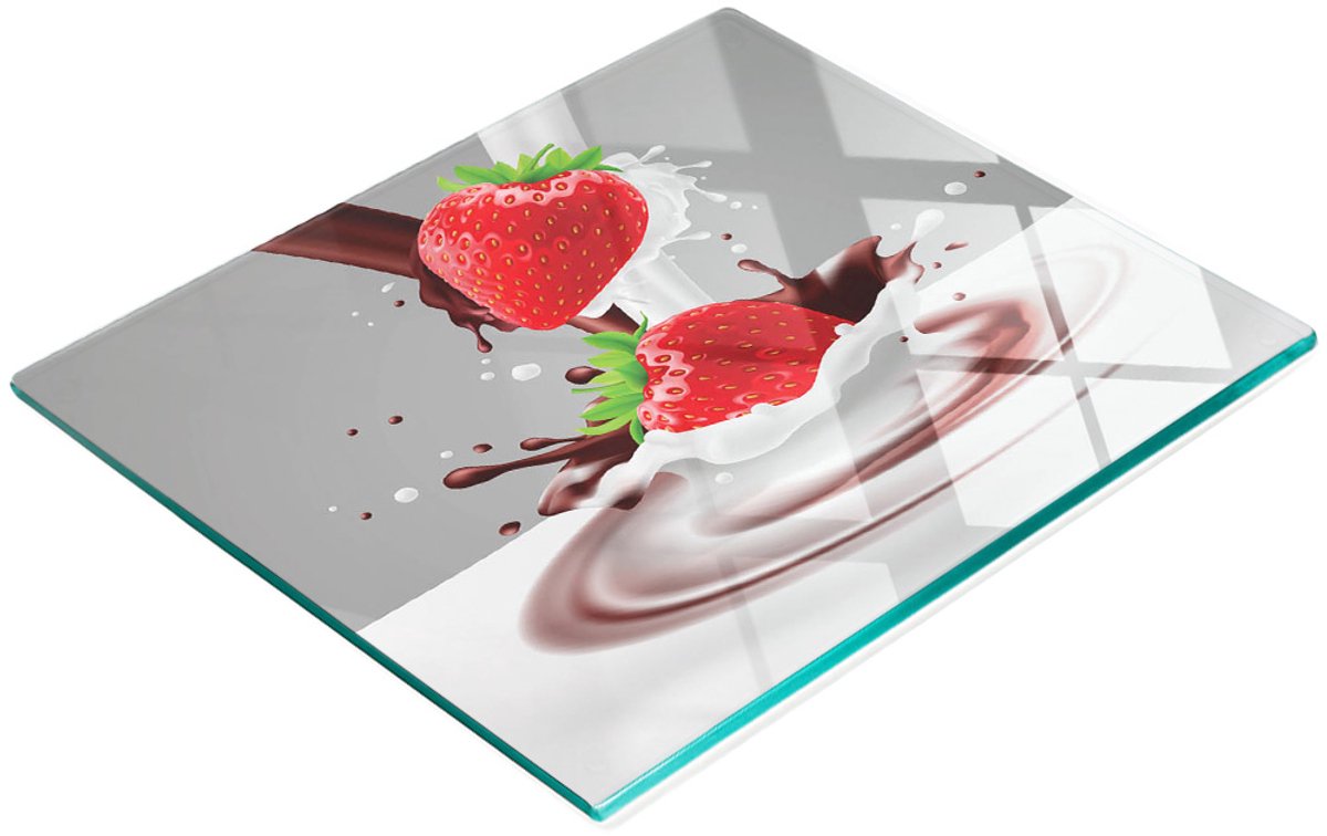 Glazen serveerplank met afbeeldingen van aardbeien en melk, 60x52 cm