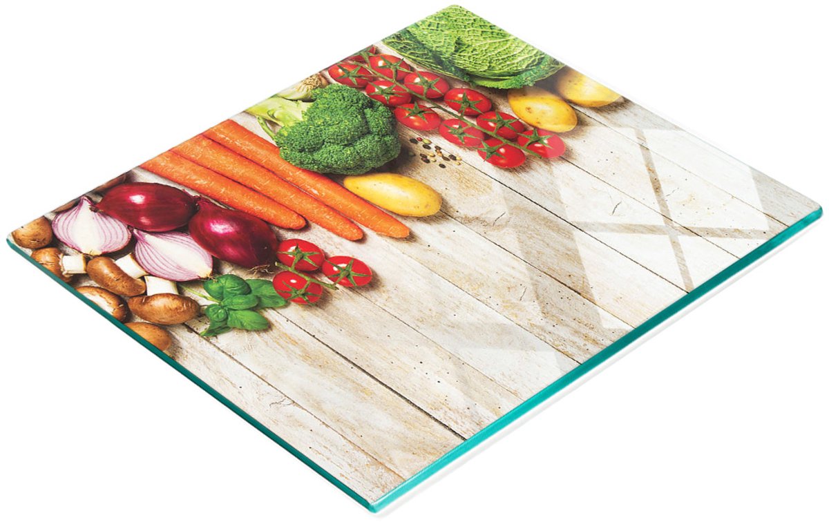 Glazen serveerplank met groenteafbeeldingen, hout, 60x52 cm