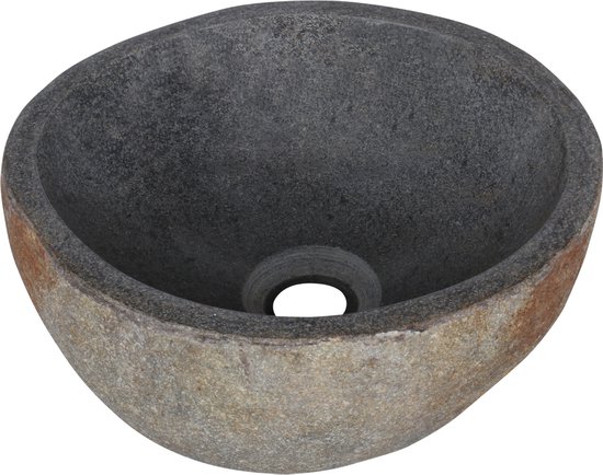 Lavabo ovale en pierre naturelle gris foncé avec une surface brute et des accents marron.