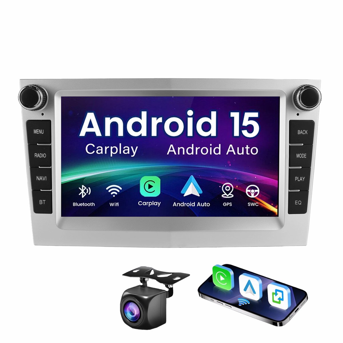 ESSGOO Autoradio Geschikt voor Opel - Android 15 - Apple Carplay & Android Auto (Draadloos) - 4+64GB - 7 Inch HD Touchscreen - GPS, Bluetooth, WIFI - Navigatiesysteem - Achteruitrijcamera - Zilver