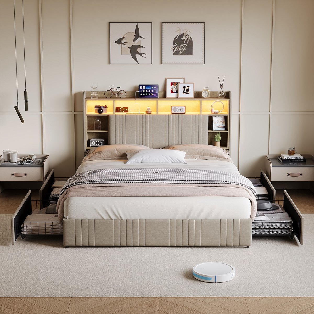 ROSAHQNDA Kinderbed gestoffeerd 140x200cm met LED & USB & 4 lades, moderne opbergruimte aan het hoofd, meisjesbed, jeugdbed, linnen stof, lattenbodem, zonder matras beige