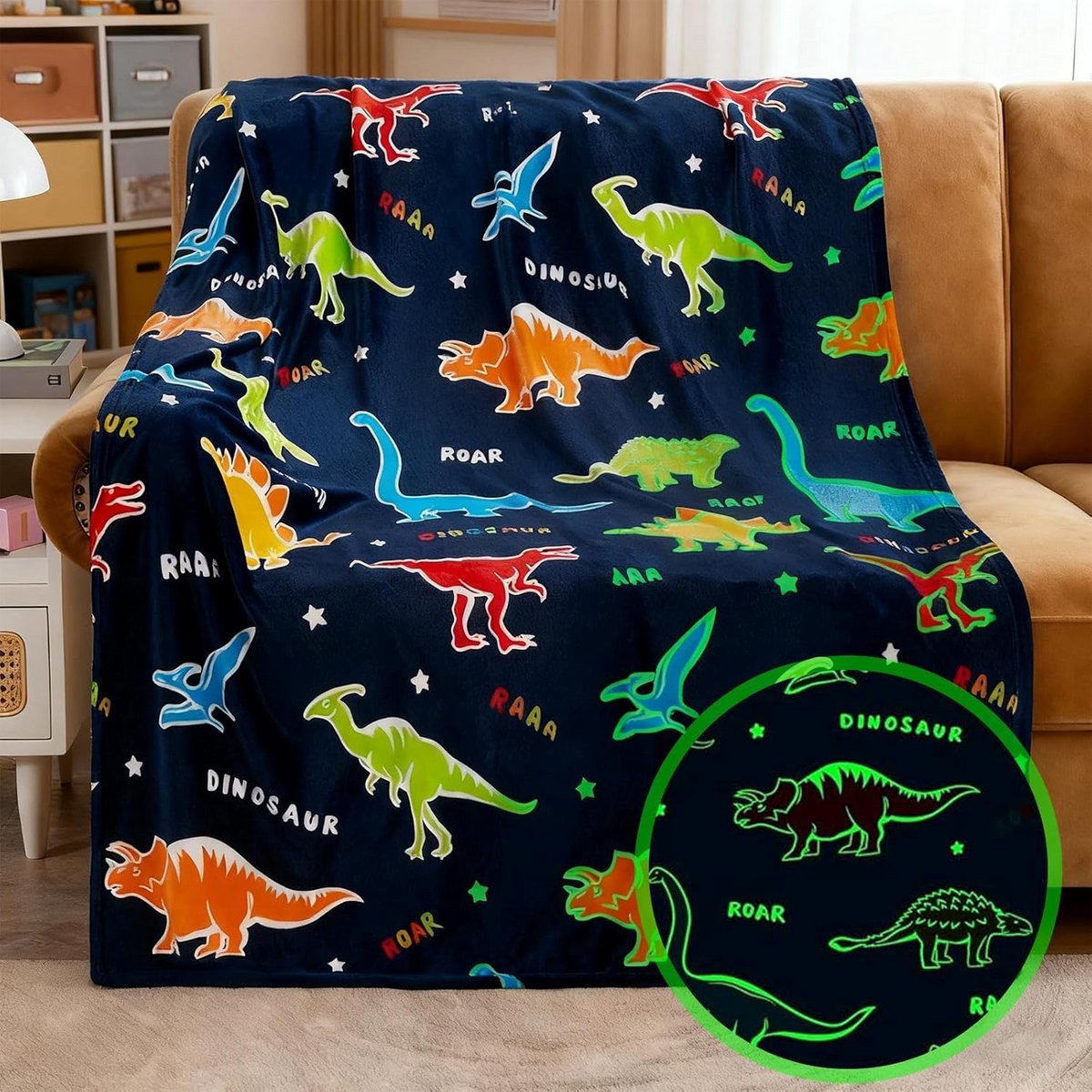 Lichtgevende Dinosaurus Knuffeldeken voor Kinderen - Superzacht Flanel