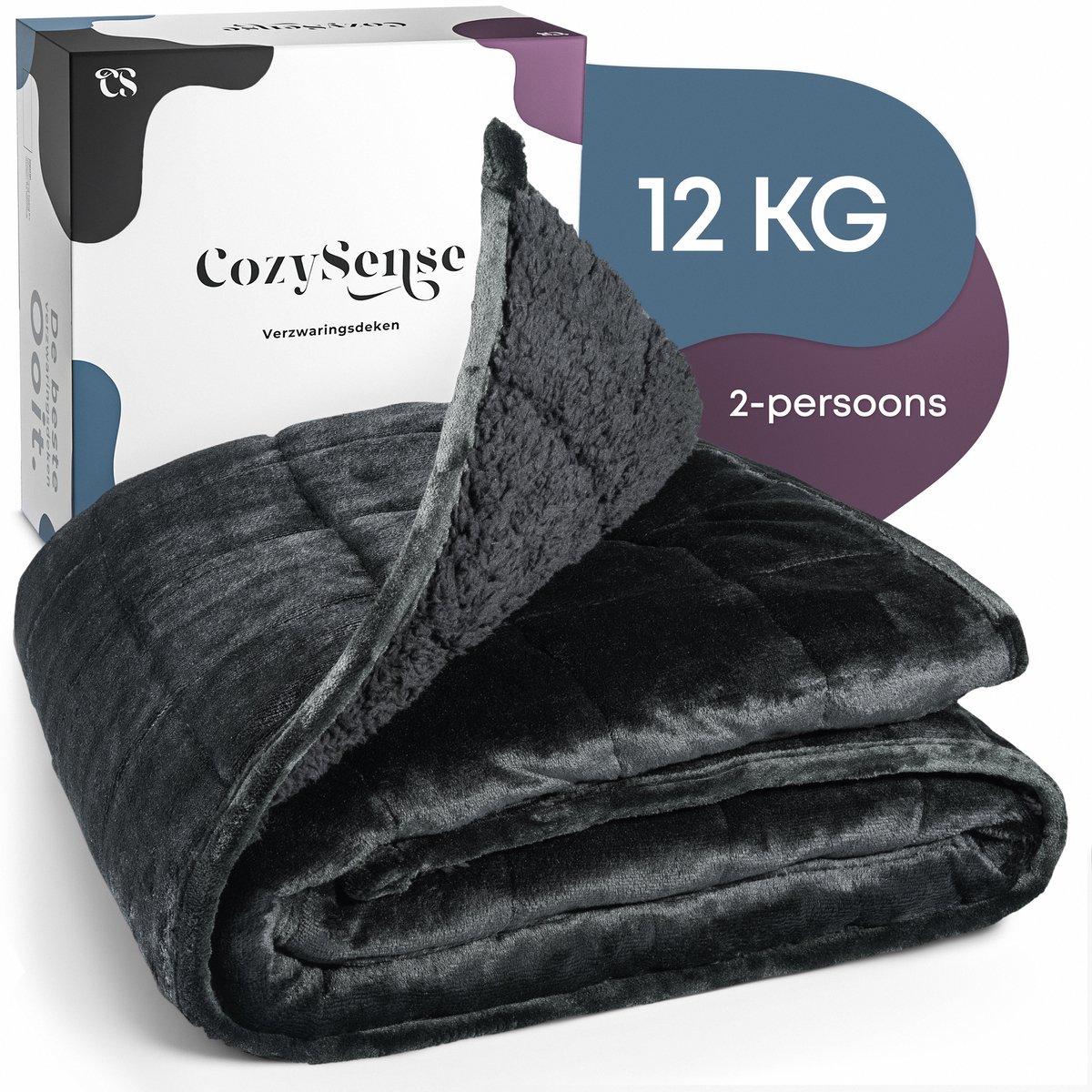 CozySense Verzwaringsdeken 12kg - 200x200cm - Dubbelzijdig Zwaartedeken met Flanel & Sherpa Kant - Weighted Blanket - Verzwaarde Deken met GLASS-Flow® Drukverdeling - Zwart