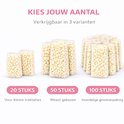 Drie transparante zakjes gevuld met popcorn, in formaten 20, 50 en 100 stuks.