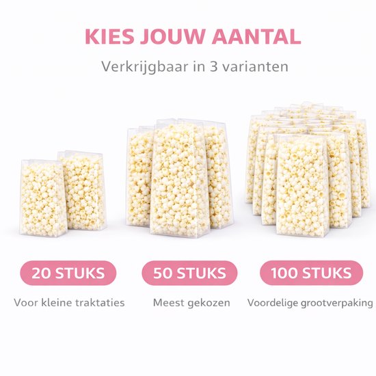 Drie transparante zakjes gevuld met popcorn, in formaten 20, 50 en 100 stuks.