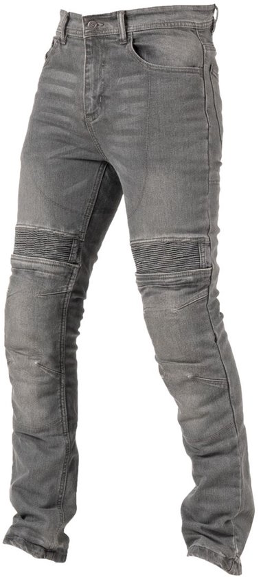 Jeans gris avec patchs aux genoux et coupe ajustée.