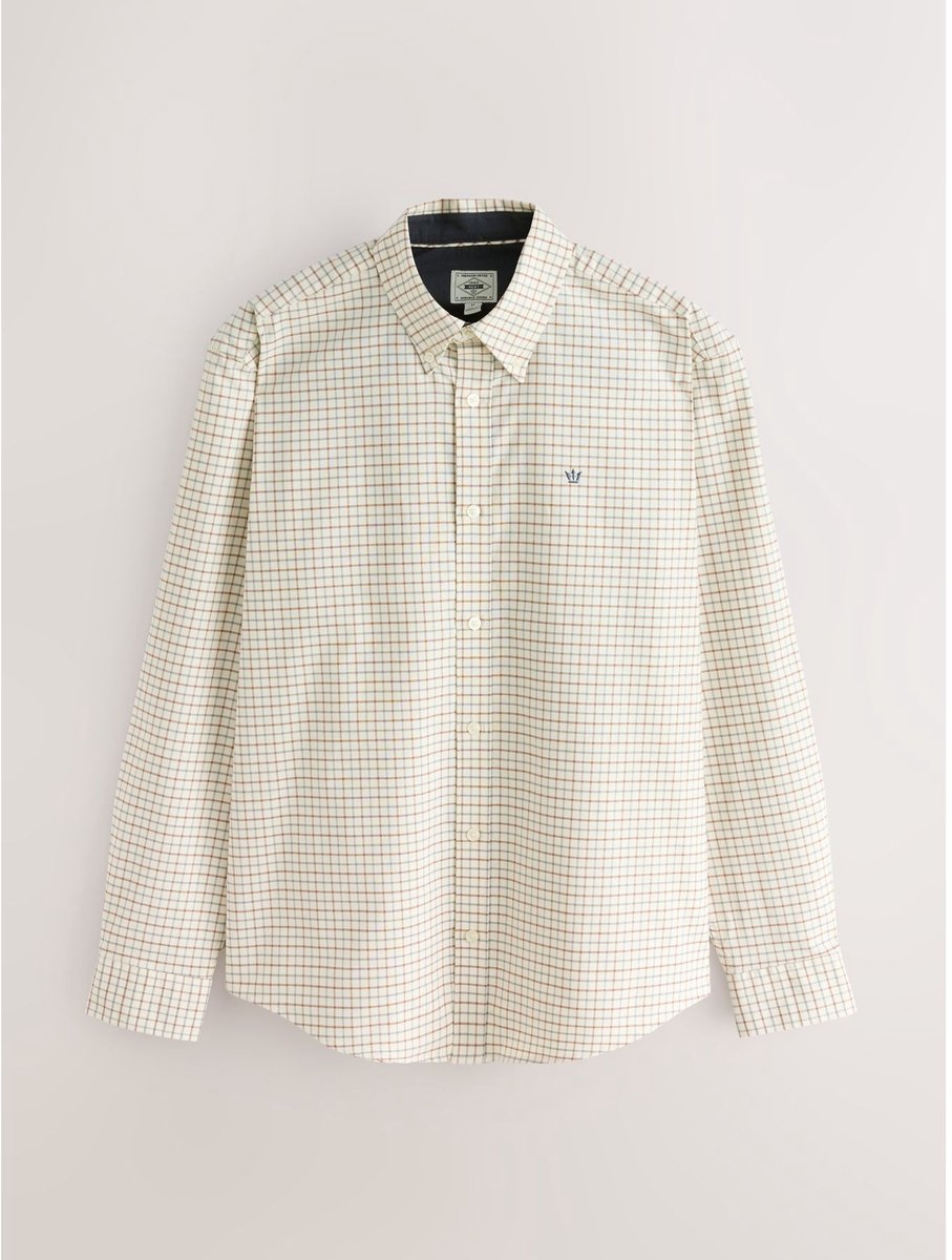 Next - Heren - Geruit Oxford-overhemd met lange mouwen en stretch - Naturel