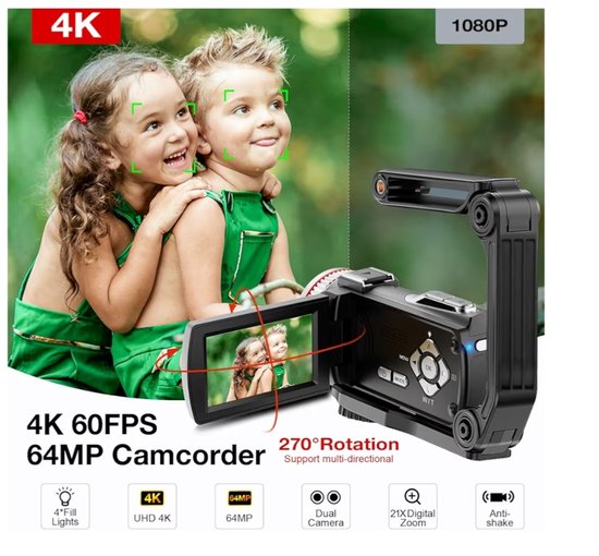 Videocamera 4K 60FPS 64MP Con 21X Zoom Digitale – Camcorder Vlog Con Schermo Rotante 270°, Microfono, Telecomando, 2 Batterie E Scheda SD 64GB Inclusa