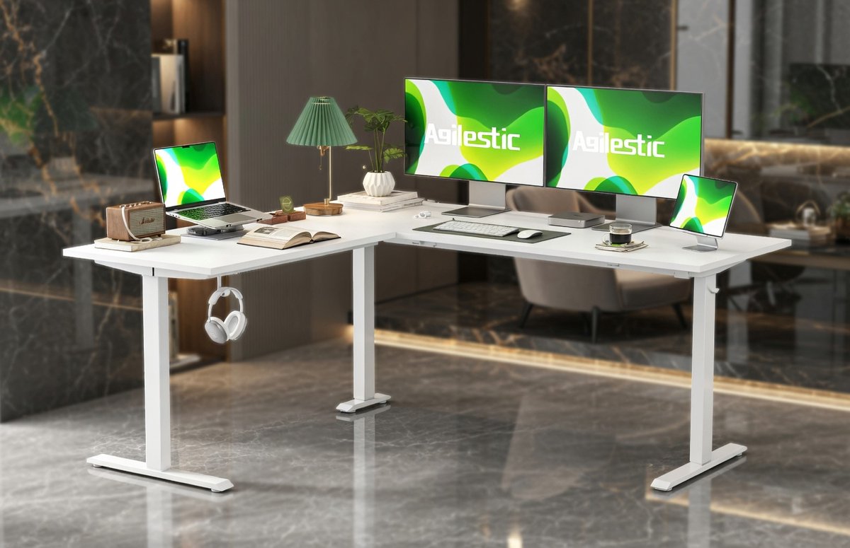 Elektrisch L-vormig Hoogte Verstelbaar Bureau – Ergonomisch Sta-Zit Hoekbureau – 160 x 140 cm – Anti-Botsing – Robuust Stalen Frame – Wit, Lichtbruin of Zwart House&Garden
