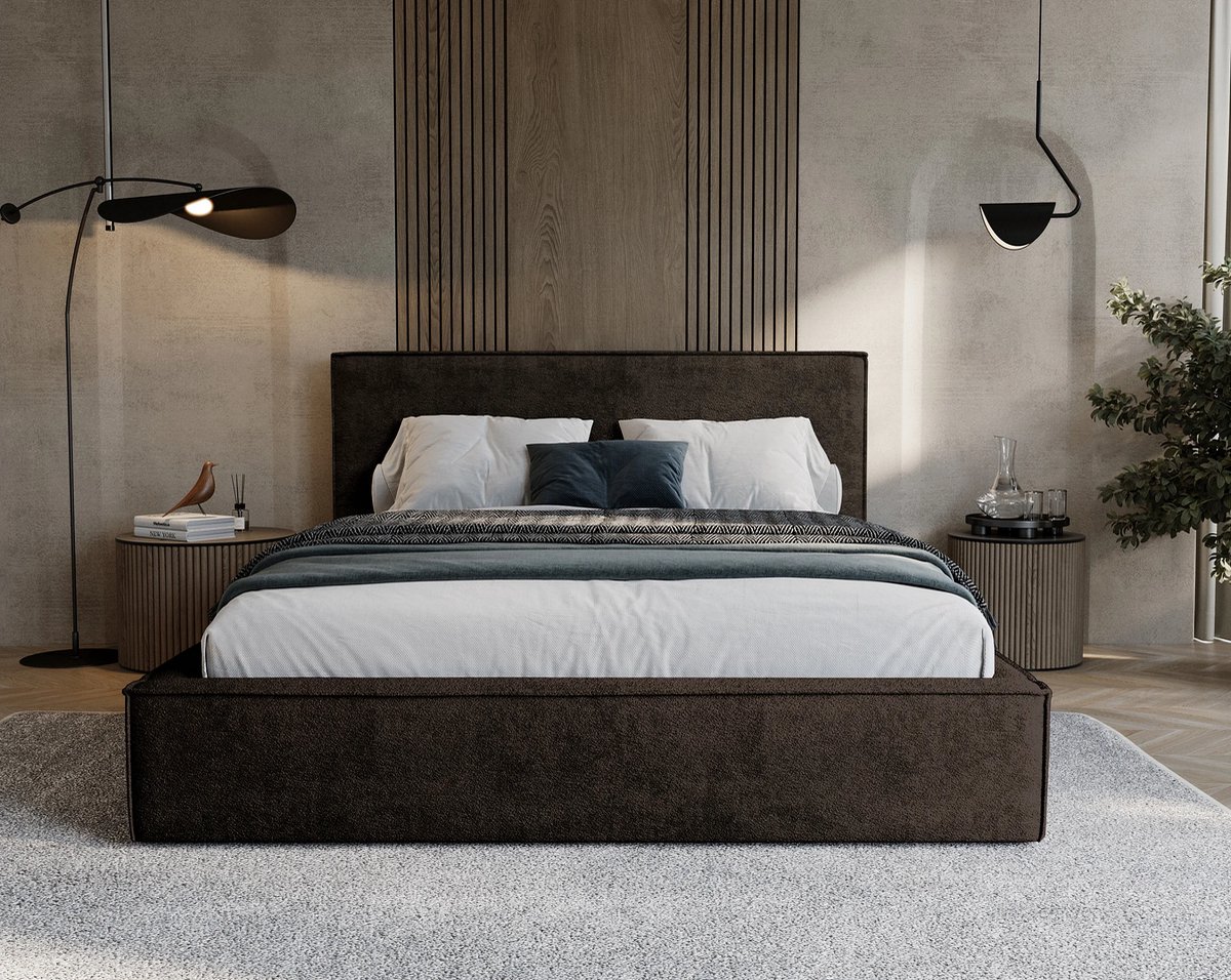 Gestoffeerd Tweepersoonsbed 140x200 cm – Zanzi Luxe Opbergbed met Hoog Hoofdbord en Decoratieve Bies – Bruin – Met Bedbodem – Comfortabel en Duurzaam – Laura