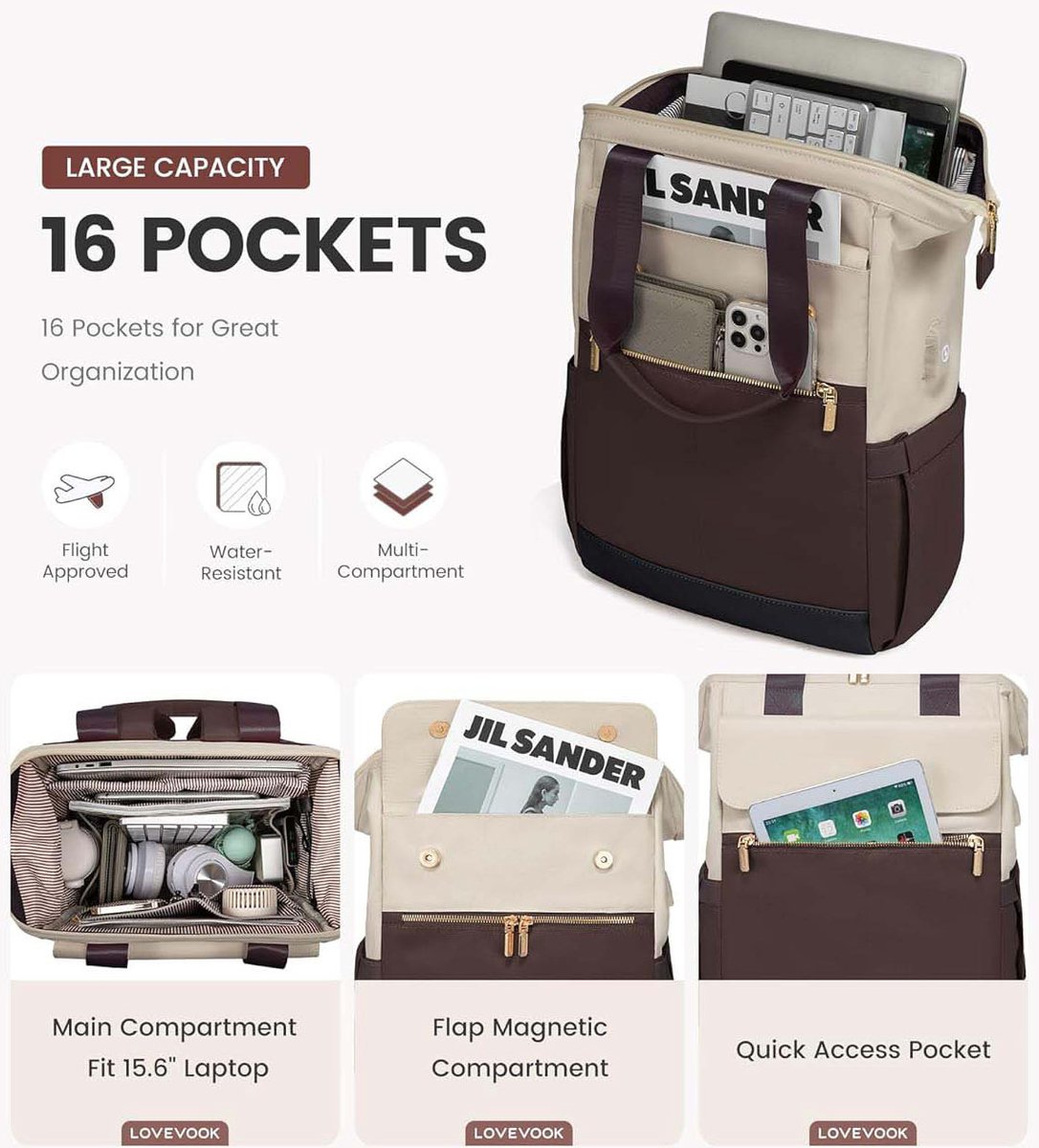 Groot Rugzak Dames - Laptop Rugzak - Met Laptopvak 15 Inch -Reisrugzak Dames - Reisrugzak Dames Waterdichtt - Zakelijke Handbagage voor Reizen Vakantie Kantoor - Schooltas Modern - Beige en Koffie 20X30X43cm thumbnail 7