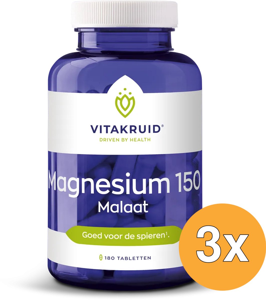 3x Vitakruid Magnesium 150 Malaat met Vitamine B6 (P-5-P) (180 tabletten)