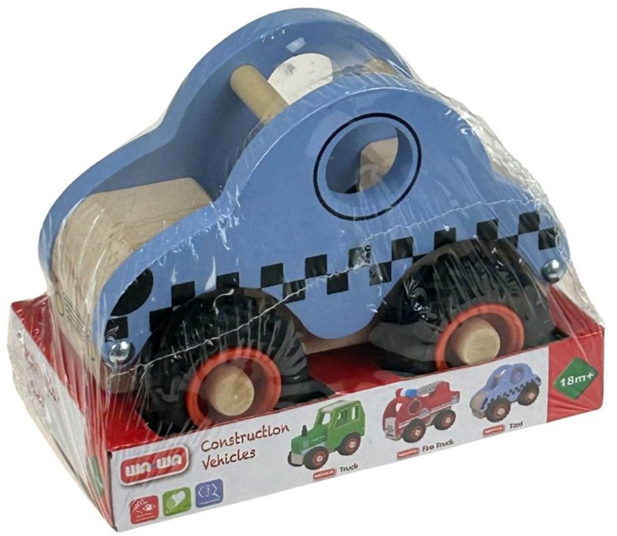 playwood wawa houten taxi blauw met rubber wielen