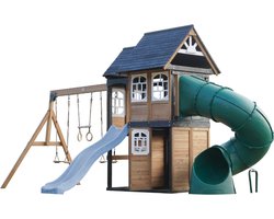 AXI Noud Speeltoestel met Speelhuis, Schommels, Trapeze, Klimwand – Met Bank – Pastel Blauwe Glijbaan – Met Buisglijbaan - FSC 100% hout – Speeltoestel voor de tuin / buiten